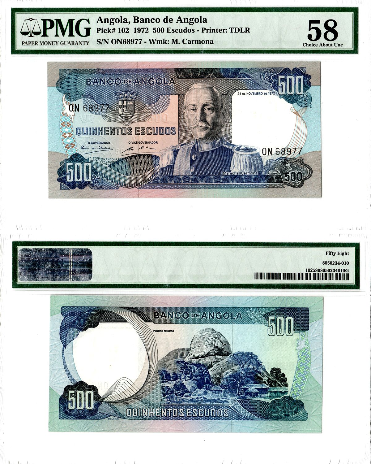 Ангола 500 эскудо 1972 в слабе PMG 58 Pick 102 бумага aUNC 452-2-106