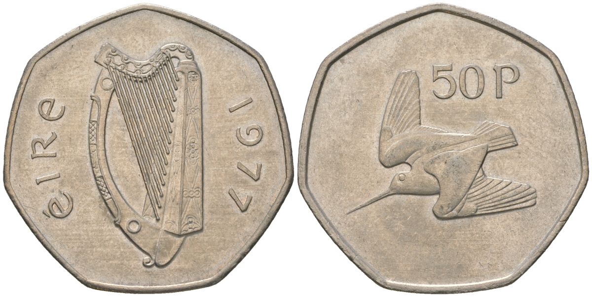 Ирландия 50 пенсов 1977 Вальдшнеп KM 24 медно-никель aUNC 4619-657