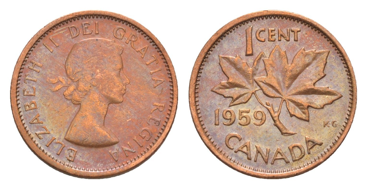 Канада 1 цент 1959 Елизавета II (1952-2022), кленовый лист KM 49 бронза 4639-315