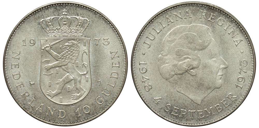 Нидерланды 10 гульденов 1973 25 лет правления королевы Юлианы KM 196 серебро 443-734
