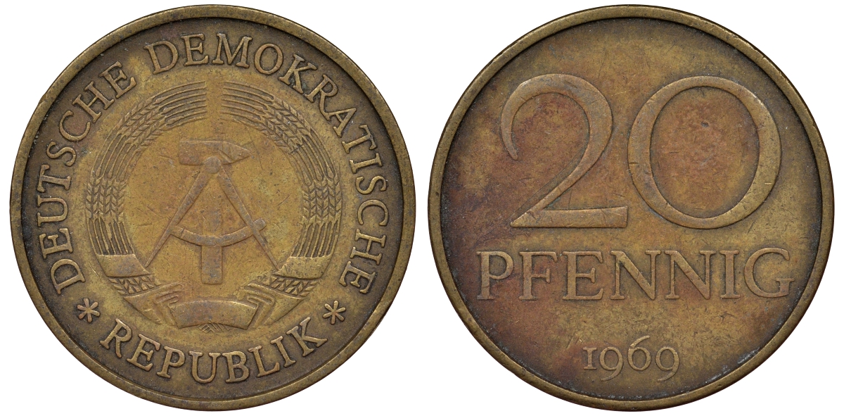 ГДР 20 пфеннигов 1969 А, первый год KM 11 латунь 62-946