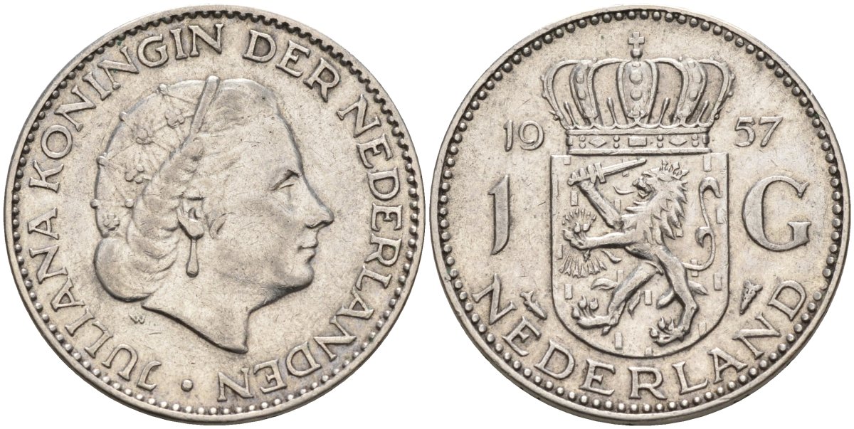 Нидерланды 1 гульден 1957 Юлиана (1948-1980) KM 184 серебро 4126-1133