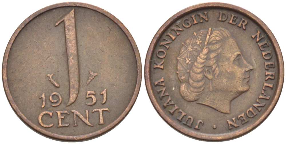 Нидерланды 1 цент 1951 Юлиана (1948-1980) КМ 180 бронза 3955-112