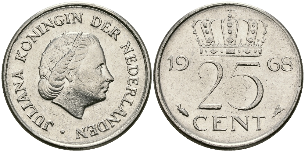 НИДЕРЛАНДЫ 25 ЦЕНТОВ 1968 ЮЛИАНА KM 183 никель 96-211