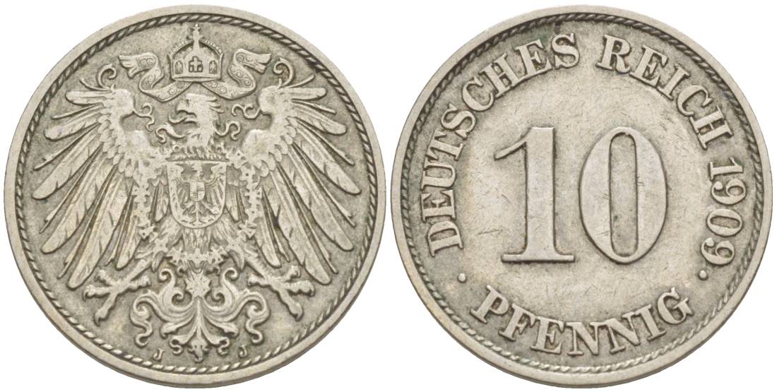 Германия 10 пфеннигов 1909 J KM 12, Jager 13, Weege 8 медно-никель 219-153
