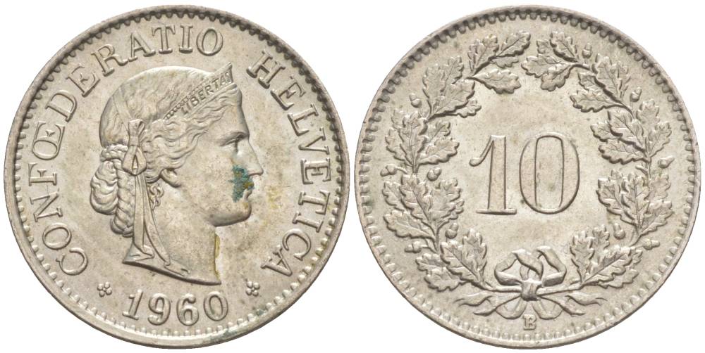 Швейцария 10 раппенов 1960 B KM 27 медно-никель     55-323