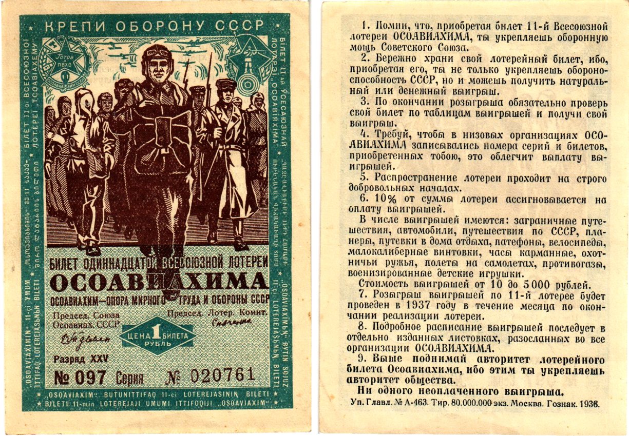 СССР 1 рубль 1936 Одиннадцатая всесоюзная лотерея Осоавиахима 2195-46-1-2
