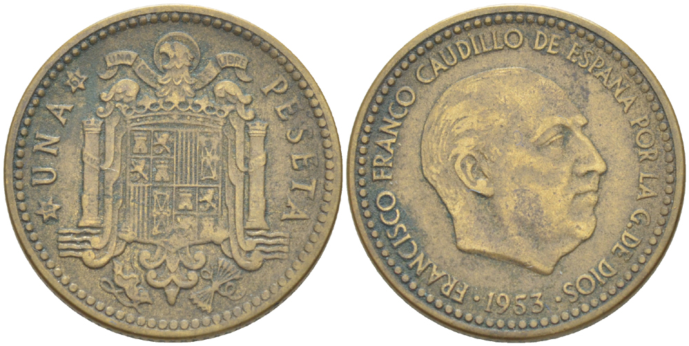 ИСПАНИЯ 1 ПЕСЕТА 1953 (61) ФРАНСИСКО ФРАНКО ДИКТАТОР ИСПАНИИ ( 1939- 1975) KM 775 алюминиевая бронза 216-554