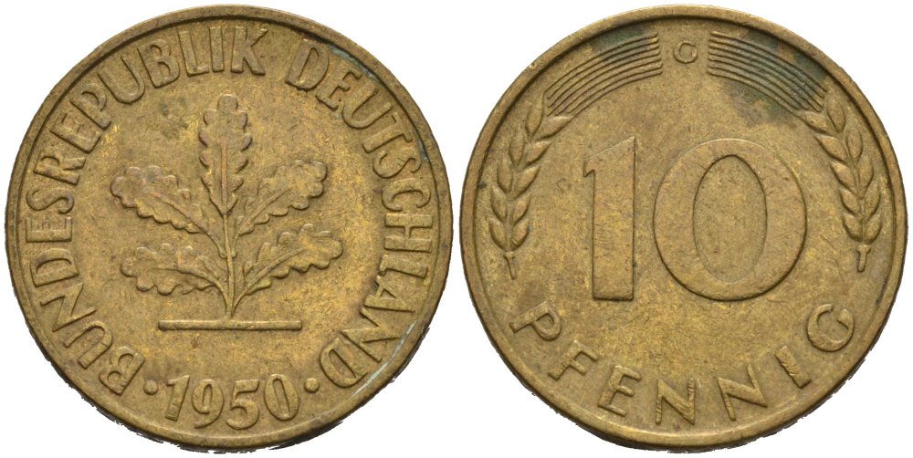 ФРГ 10 ПФЕННИГОВ 1950 G KM 103, J. 378 сталь плакированная латунью 4514-954