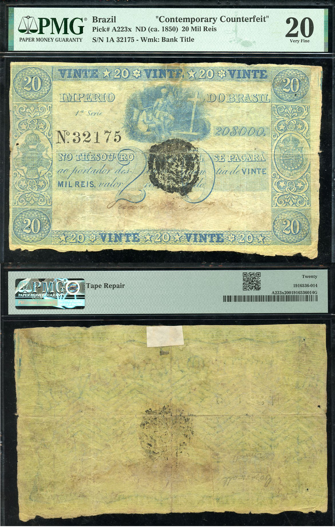 Бразилия 20 мил рейс ND (ca. 1850) Thesouro Nacional, Perkins, Bacon & Petch, England, в слабе PMG 20 Very Fine, топ грейд Pick A223  бумага   452-2-122