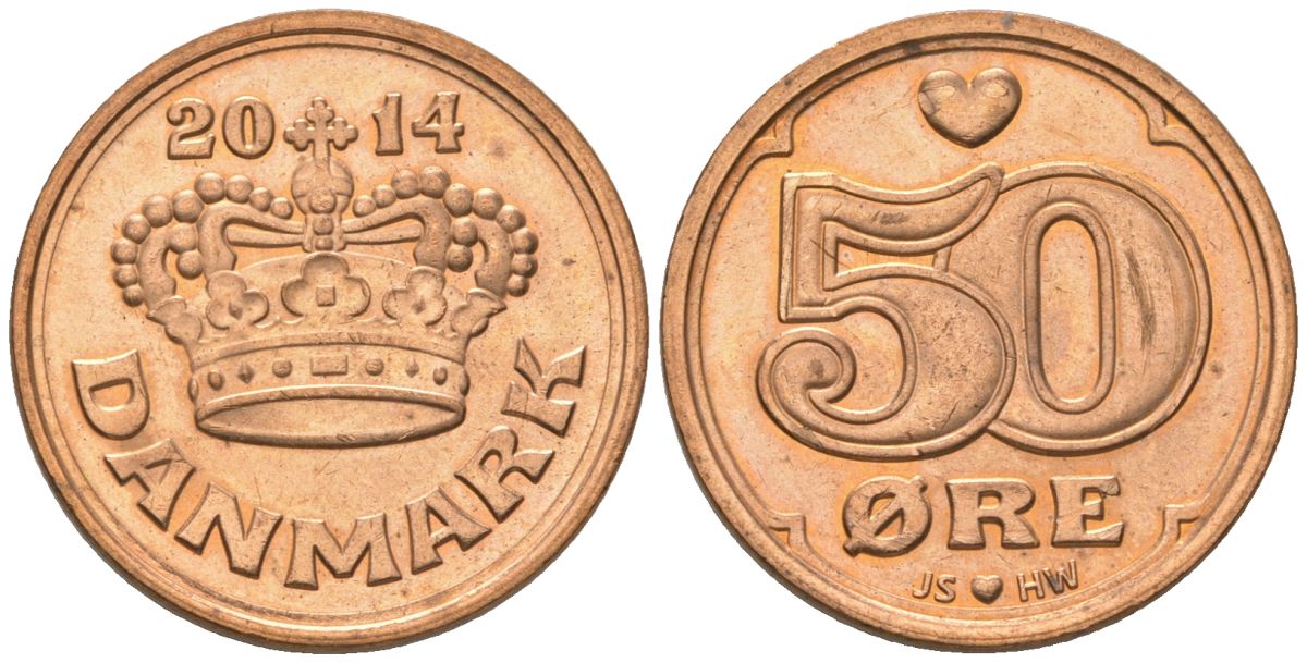 Дания 50 эре 2014 сердце JS, Маргрете II (1972-) KM 866 бронза UNC 4561-453
