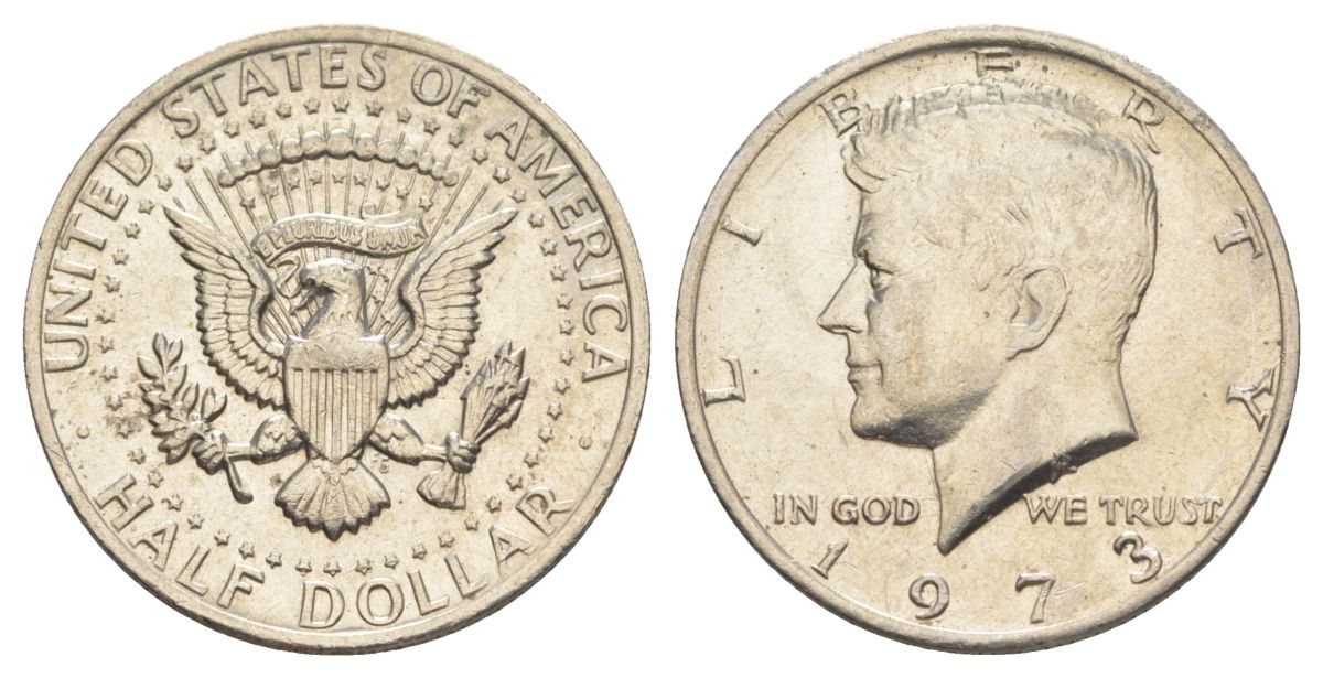 США 1/2 доллара (50 центов) 1973 D, Джон Кеннеди KM 202b медь плакированная медно-никелем aUNC 4517-1222
