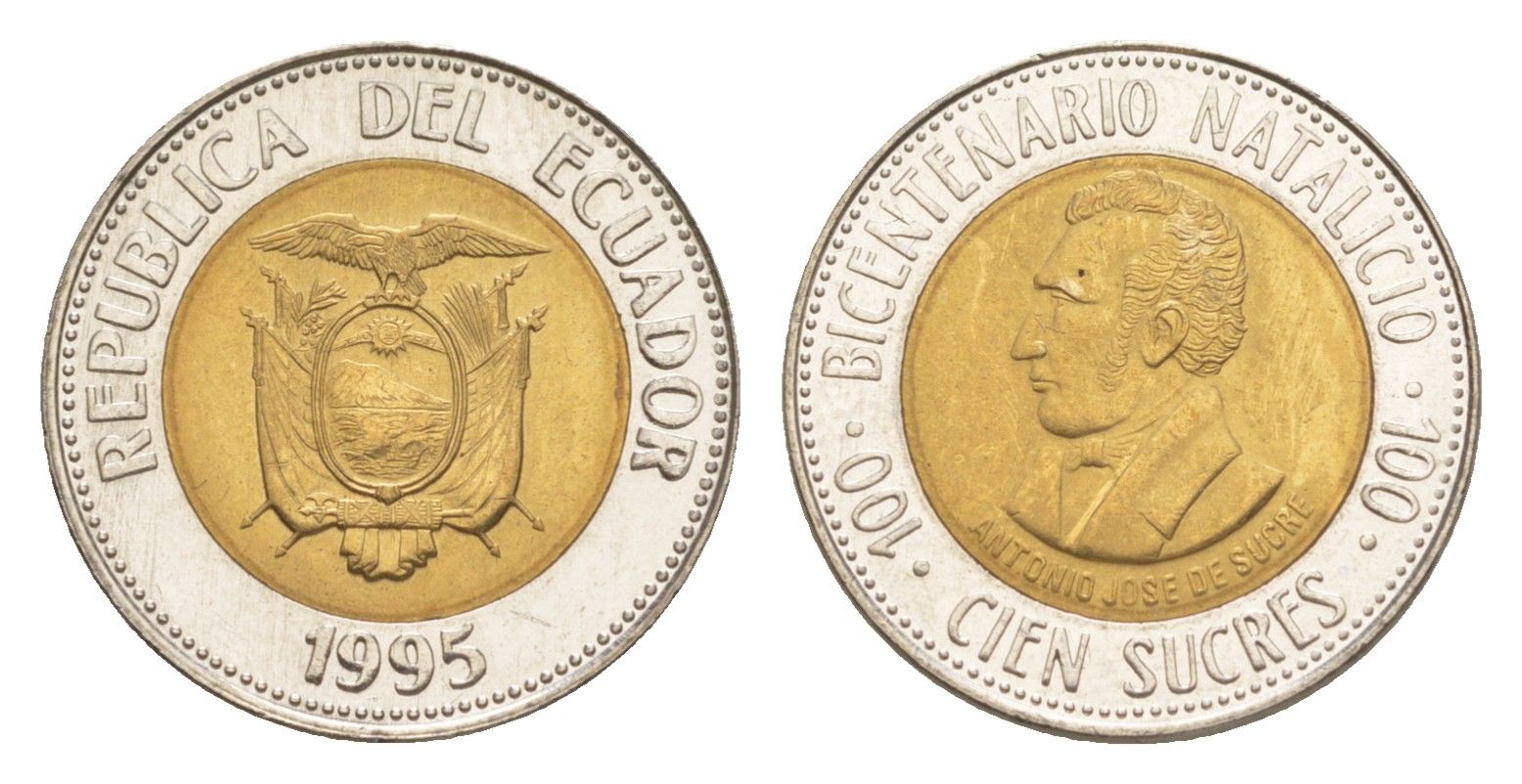 Эквадор 100 сукре 1995 200 лет со дня рождения Антонио Хосе де Сукре KM 96 биметалл UNC 4640-1246