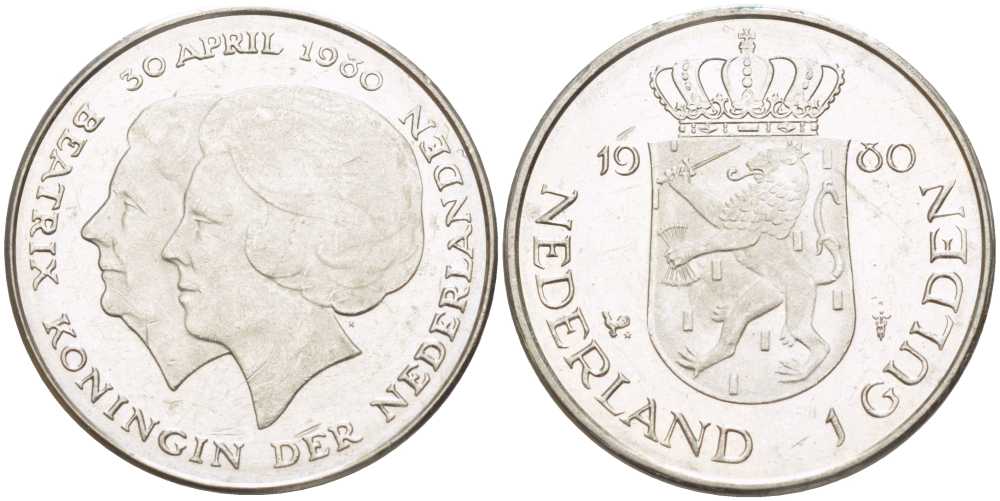 Нидерланды 1 гульден 1980 на коронацию Беатрикс, 30 апреля 1980 KM 200 никель 213-1251
