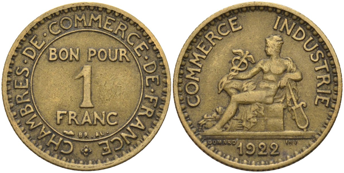 Франция 1 франк 1922 KM 876, Le Franc 218.5 алюминиевая бронза 4142-646