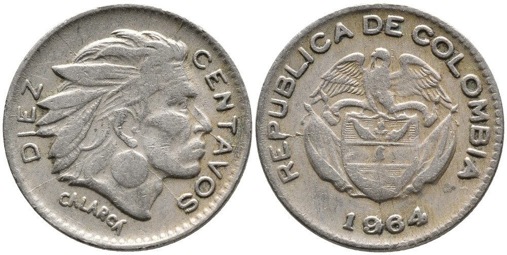 КОЛУМБИЯ 10 СЕНТАВО 1964 КАЛАРКА KM 212.2 медно-никель 4532-226
