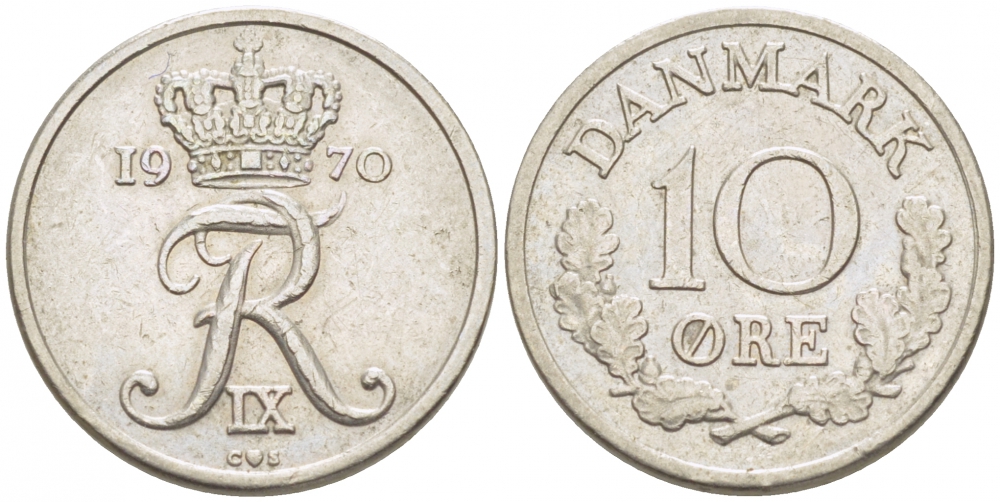 ДАНИЯ 10 ЭРЕ 1970 C; S, ФРЕДЕРИК IX (1947-1972) KM 849.1 медно-никель 3996-1053