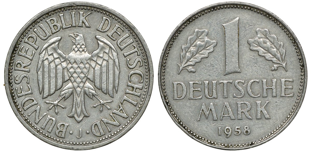 ФРГ 1 МАРКА 1958 J KM 110, J. 385 медно-никель 72-651