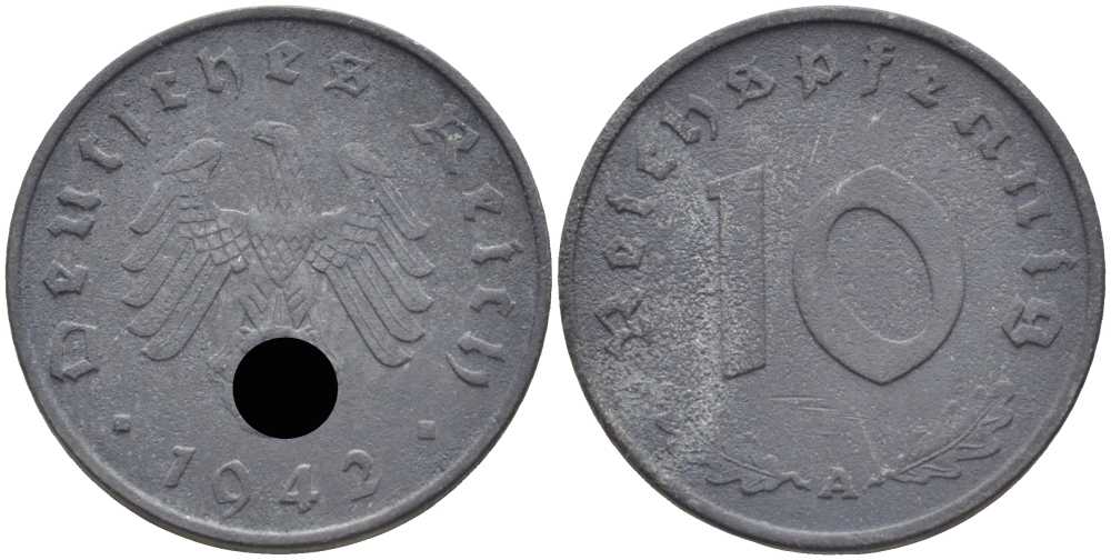 ГЕРМАНИЯ 10 РЕЙХСПФЕННИГОВ 1942 A KM 101, J. 371 цинк 4401-633