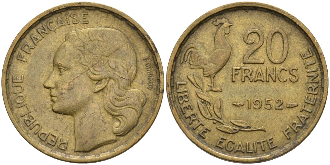 ФРАНЦИЯ 20 ФРАНКОВ 1952 ПЕТУХ, 4 ПЕРА КМ 917.1, LE FRANC 402.9 алюминиевая бронза 4573-224