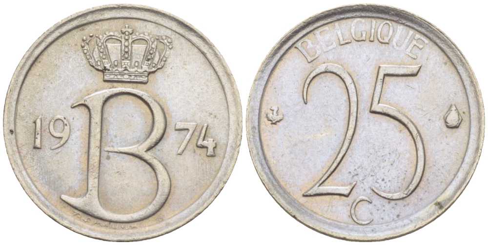 БЕЛЬГИЯ 25 САНТИМОВ 1974 BELGIQUE, БОДУЭН I (1951-1993) KM 153.1 медно-никель 214-441