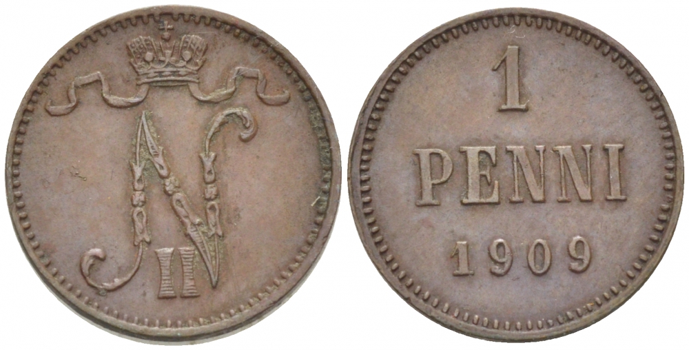 Россия для Финляндии 1 пенни 1909 Николай II (1894-1917) KM 13, Биткин 470 медь 105-736