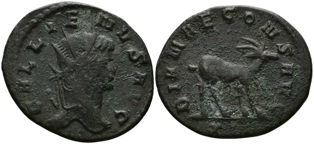 Римская Империя антониниан 265 - 267 Галлиен DIANAE CONS AVG ГАЗЕЛЬ, Рим Very fine RIC 747b бронза 1073-10-41