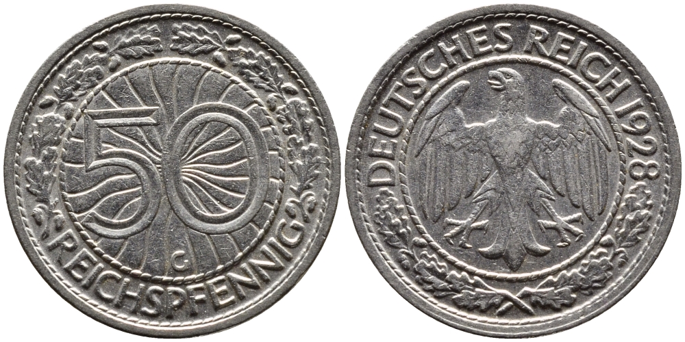 Германия 50 рейхспфеннигов 1928 G KM 49, J.324 никель 4387-1162