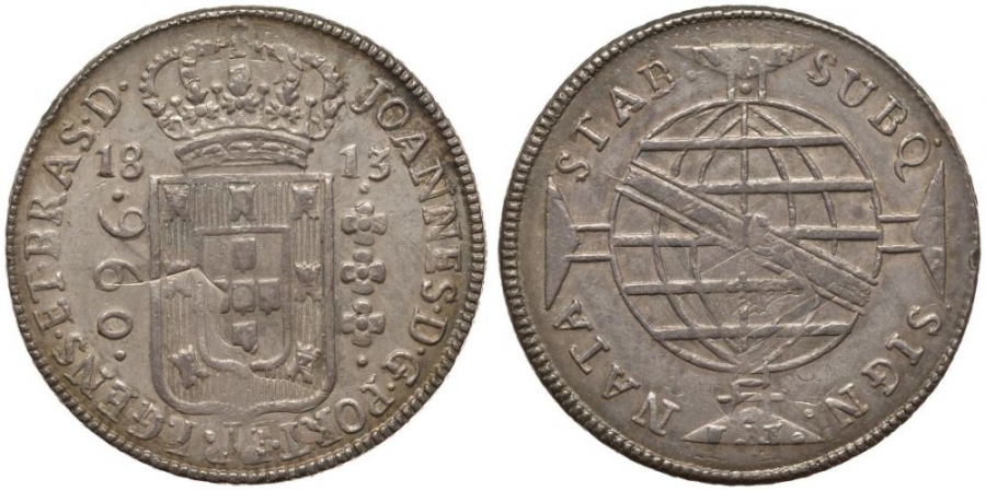 Бразилия 960 рейс 1813 монетный двор не прочеканен, перечекан, патина, P. REGENES, Жоао принц-регент (1799-1818) KM 307.1 серебро 00-815-13