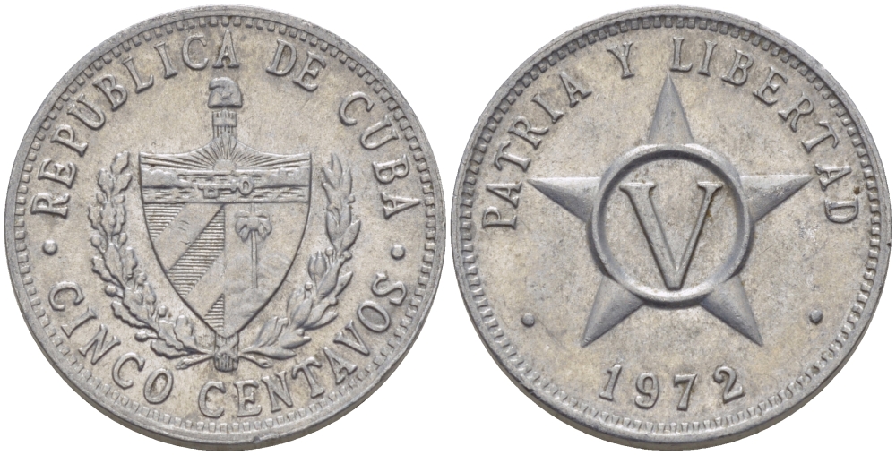 Куба 5 сентаво 1972 звезда, вторая республика (1962- ) KM 34 алюминий 67-1052
