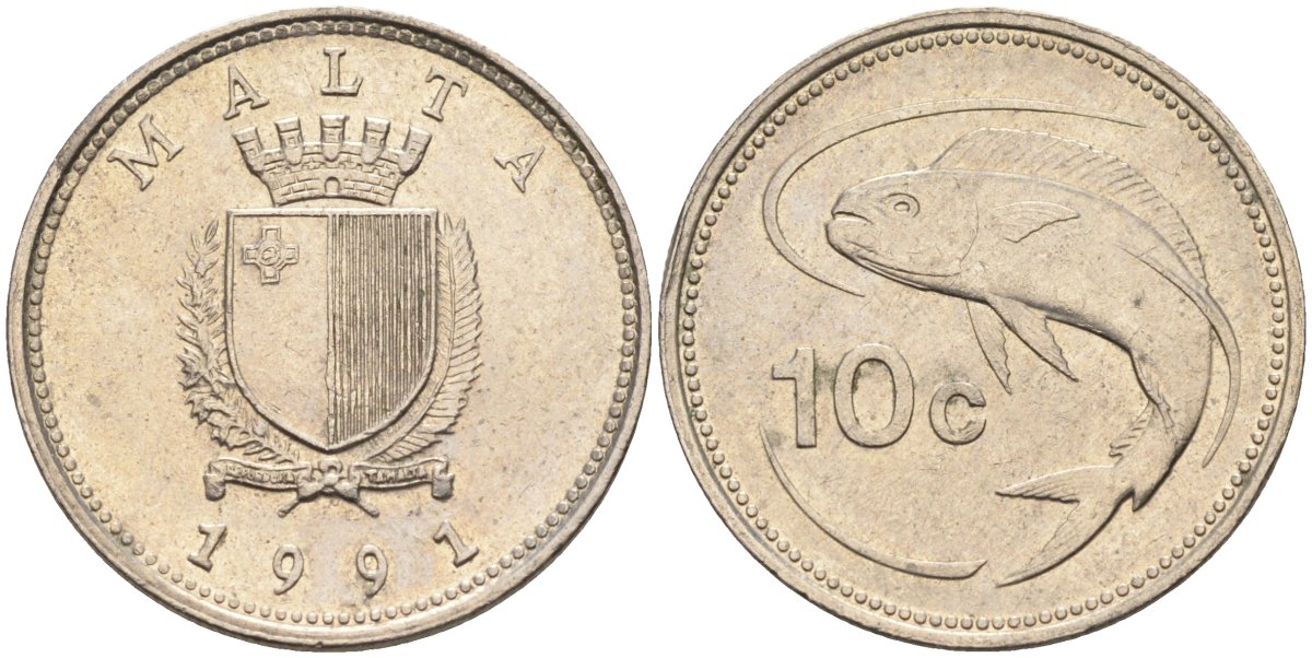 Мальта 10 центов 1991 золотая макрель KM 96 медно-никель 4588-223