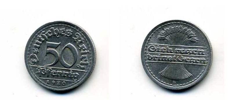 ГЕРМАНИЯ 50 ПФЕННИГОВ 1920 D KM 27, J. 301 алюминий 29-351