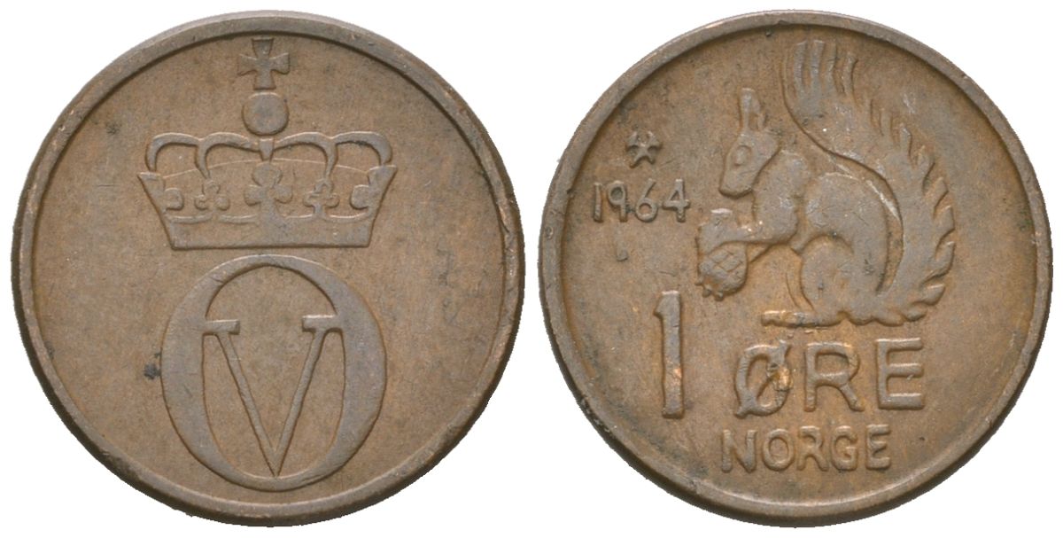 Норвегия 1 эре 1964 белка, Улаф V (1957-1991) KM 403 бронза 3955-159