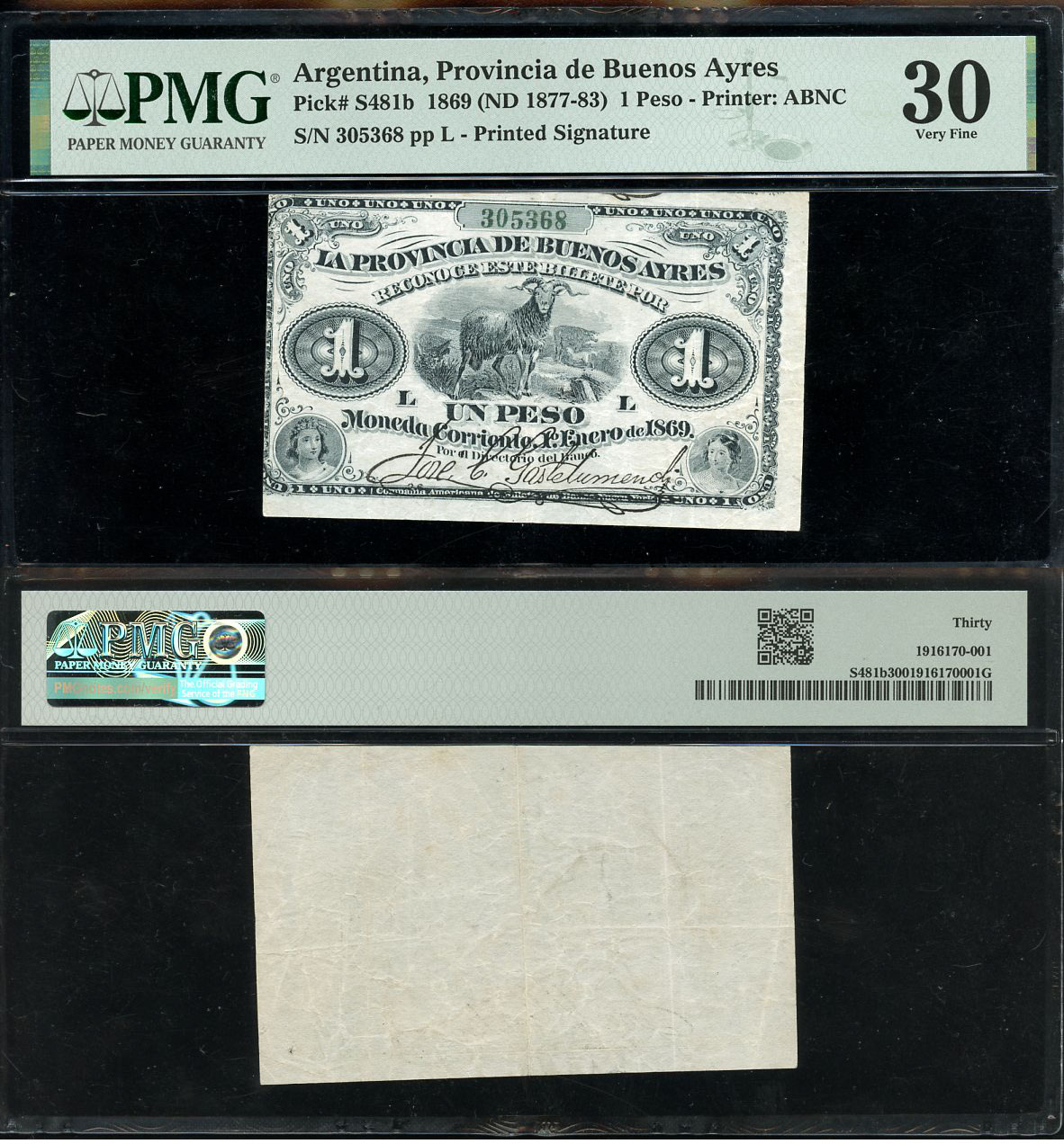 Аргентина, провинция Буэнос-Айрес 5 песо 1869 баран, женские портреты в слабе PMG 30 Very Fine Pick S481 b  бумага 452-1-126