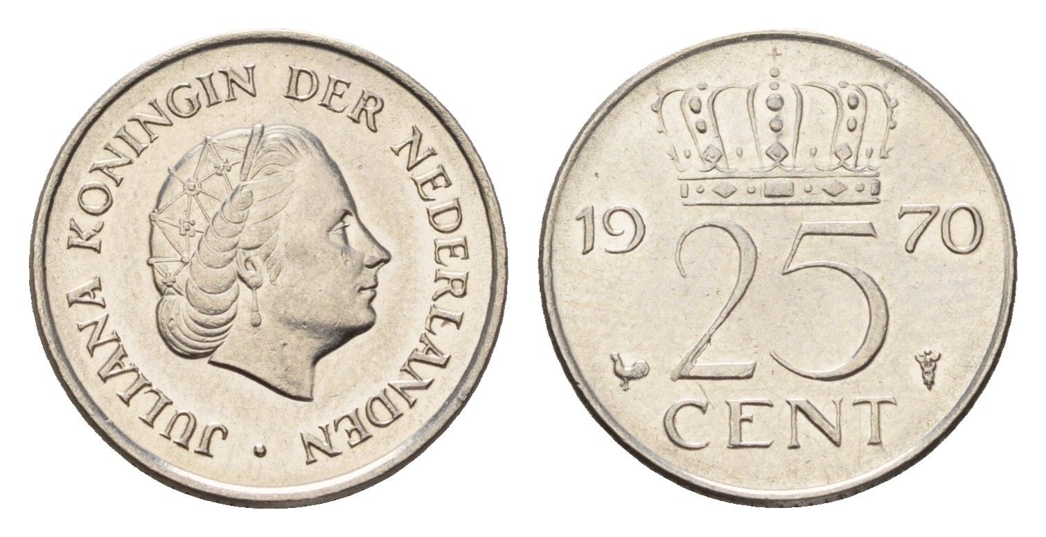 Нидерланды 25 центов 1970 Юлиана (1948-1980) KM 183 никель 4658-863