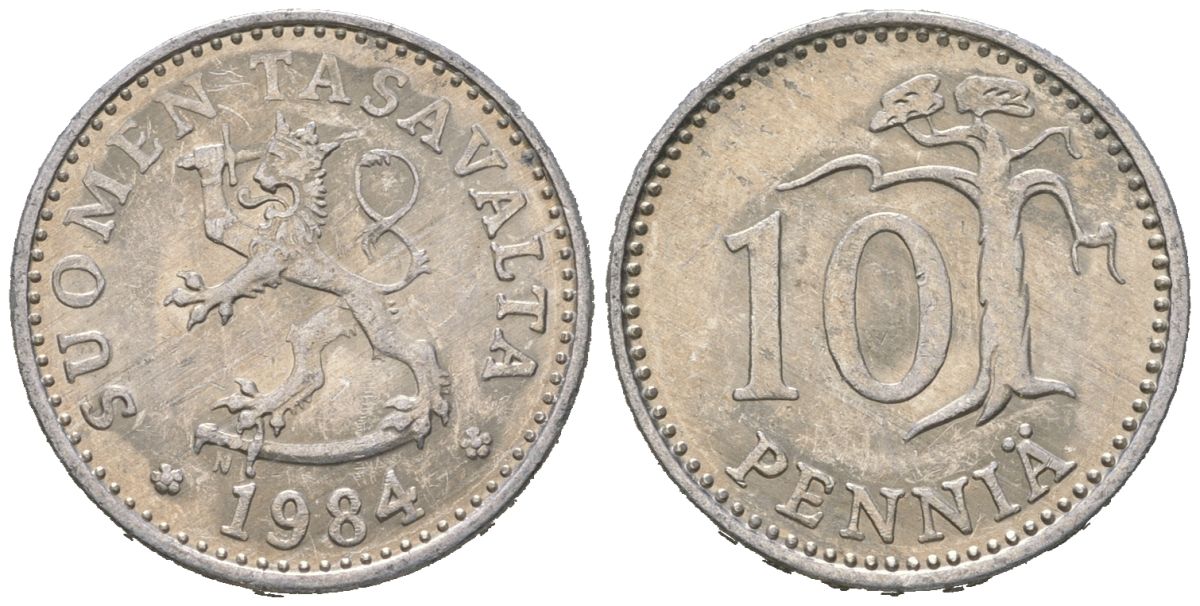 Финляндия 10 пенни 1984 KM 46a алюминий aUNC 4618-763