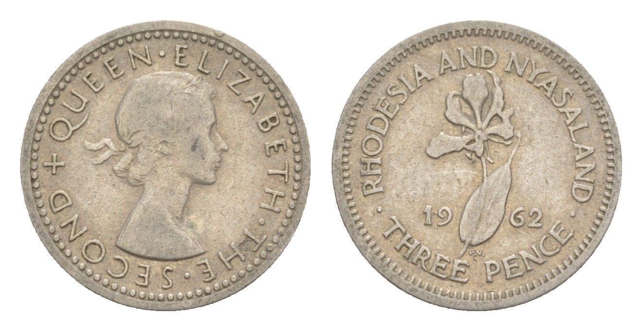 Родезия и Ньясаленд 3 пенса 1962 Елизавета II (1952-2022), цветок глориоза KM  3 медно-никель  4640-926