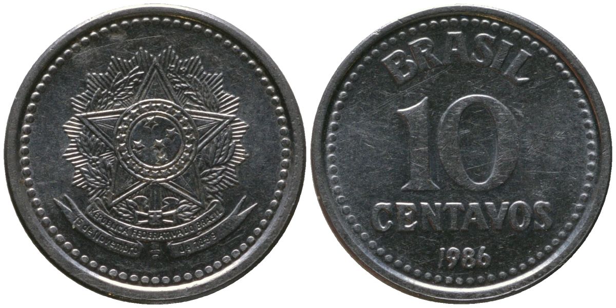 Бразилия 10 сентаво 1986 KM 602, Schon 111 нержавеющая сталь UNC 4567-956