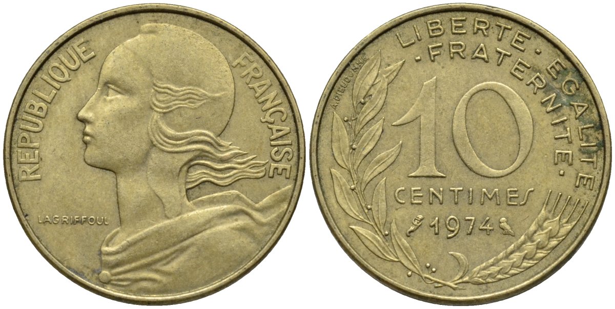 Франция 10 сантимов 1974 KM 929, Le Franc 144.14 медь алюминий никель 192-655