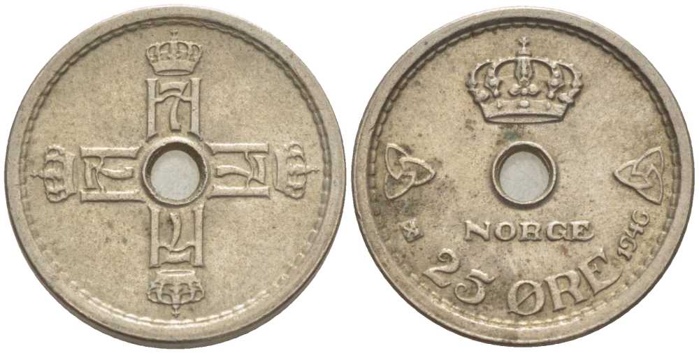 НОРВЕГИЯ 25 ЭРЕ 1946 ХОКОН VII (1905-1957) KM 384 медно-никель 3309-724