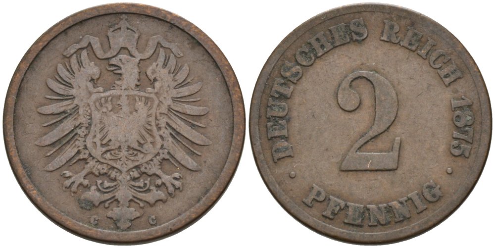 Германия 2 пфеннига 1875 C, старогербовка KM 2, J. 2 медь 4575-635