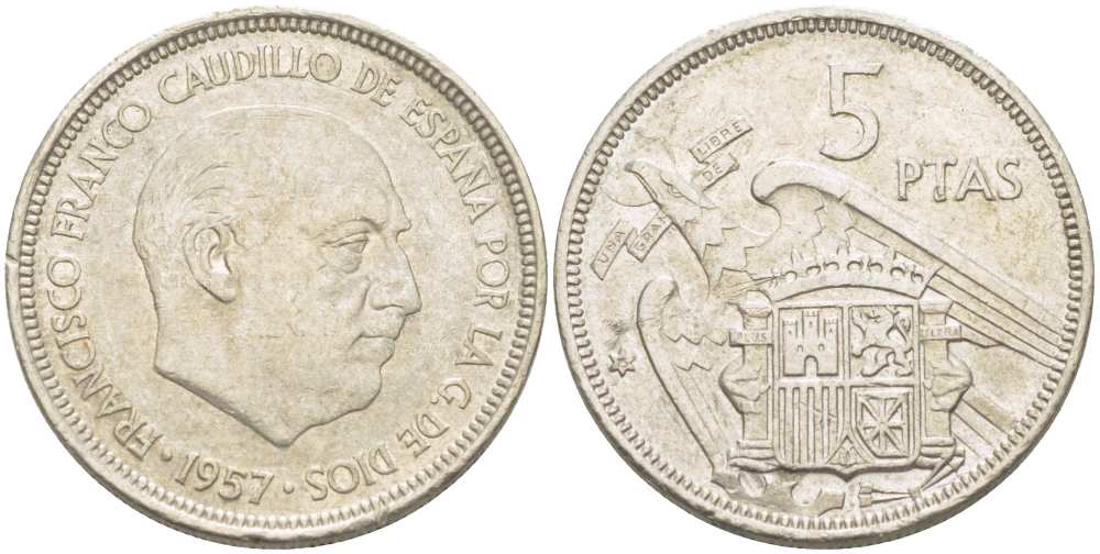 ИСПАНИЯ 5 ПЕСЕТ 1957 (70) ФРАНСИСКО ФРАНКО ДИКТАТОР ИСПАНИИ (1939-1975) KM 786 медно-никель 210-1122