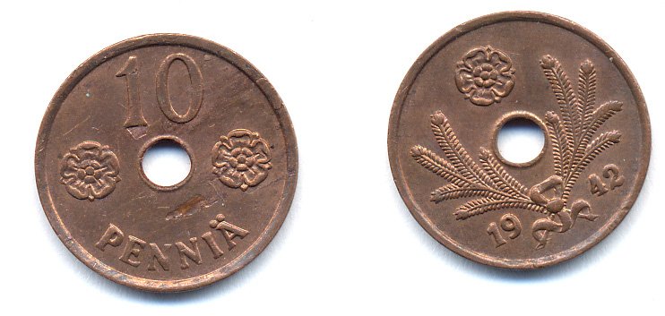 ФИНЛЯНДИЯ 10 ПЕННИ 1942 KM 33.1 медь 51-5012