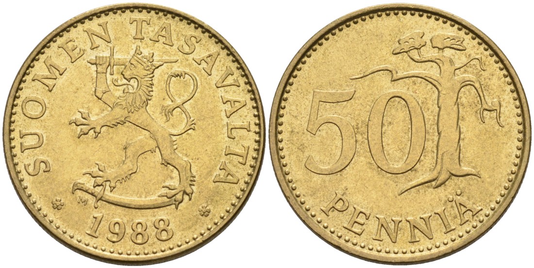 ФИНЛЯНДИЯ 50 ПЕННИ 1988 M KM 48 алюминиевая бронза 4563-451
