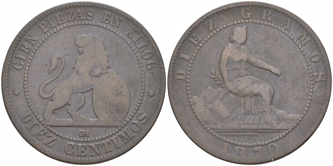 Испания 10 сентимо 1870 ОМ, лев со щитом KM 663 (Y54) медь 3855-543