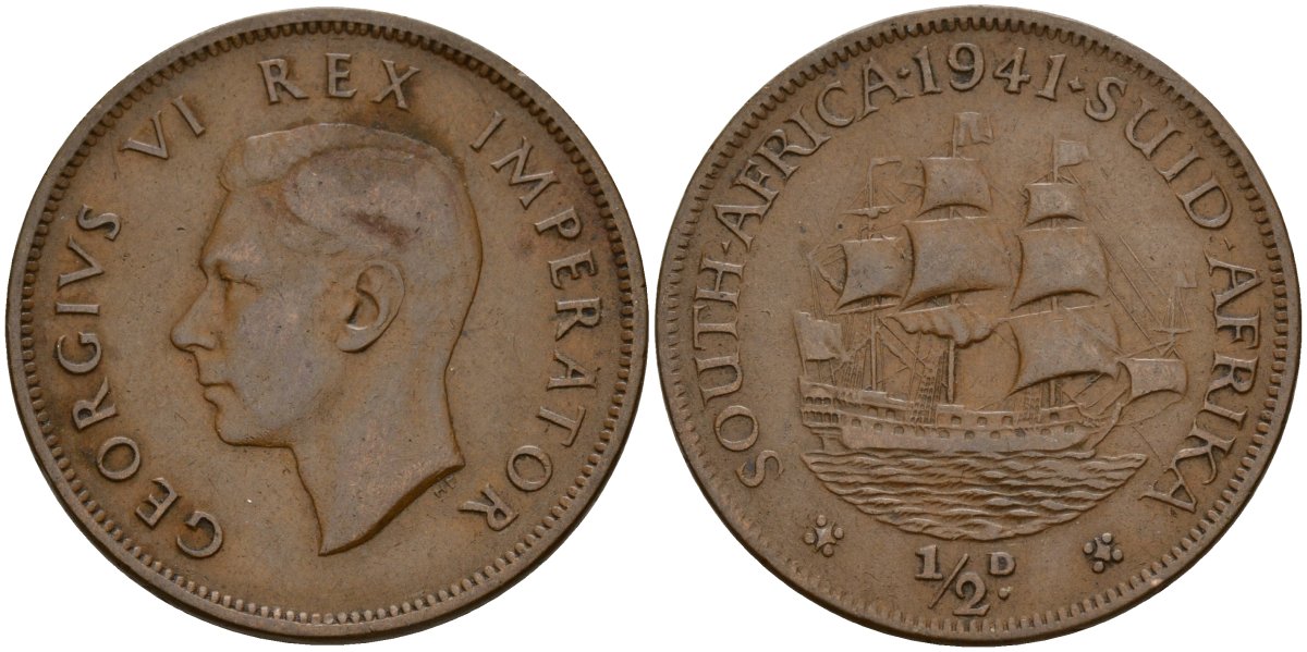 ЮАР 1/2 пенни 1941 Георг VI (1937-1952) KM 24 бронза 181-1023