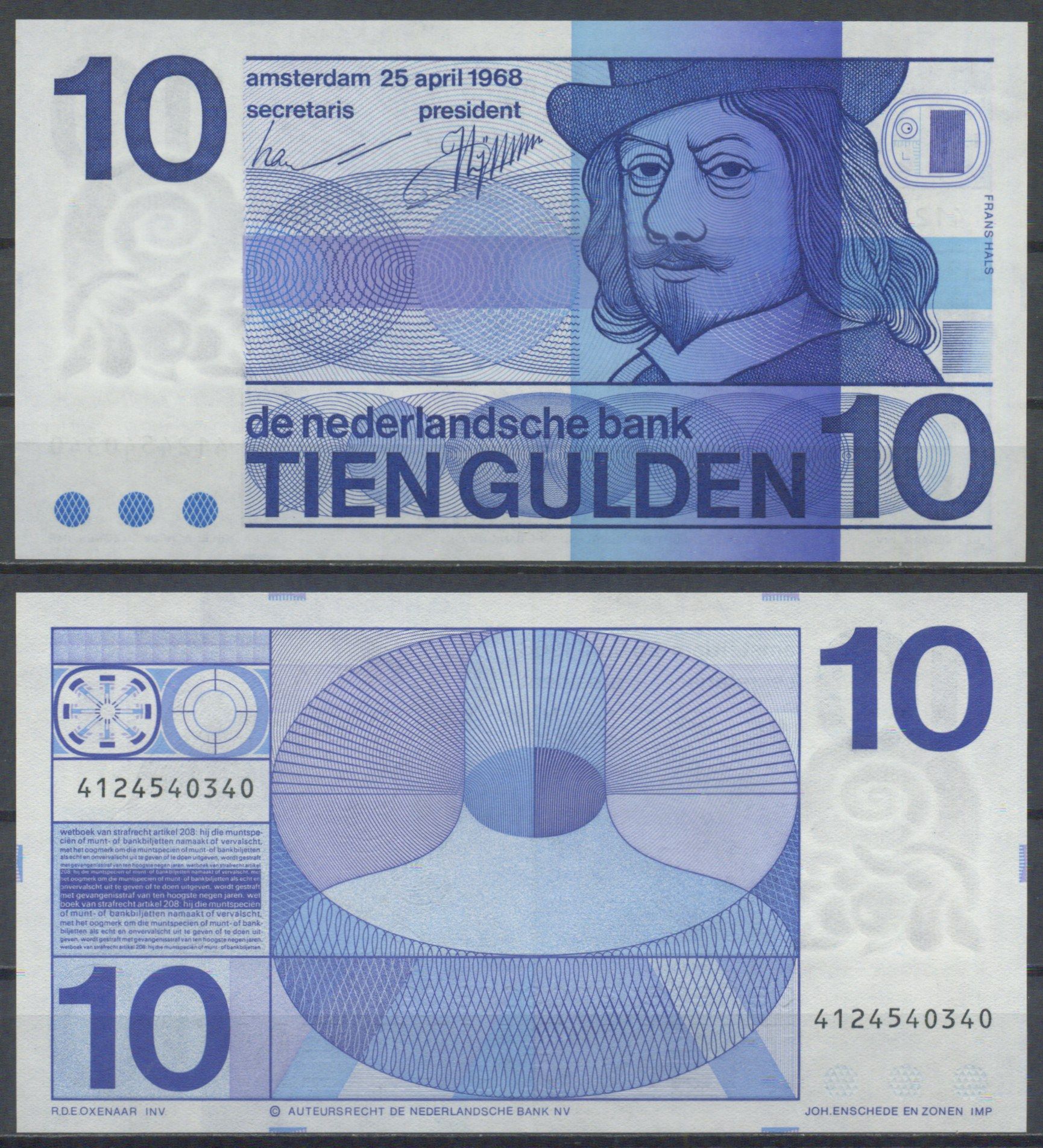 Нидерланды 10 гульденов 1968  Pick 91 b  бумага  UNC (пресс) 7221-46-3-2