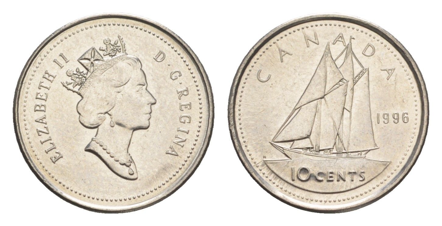 Канада 10 центов 1996 Елизавета II (1952-2022), парусник KM 183 никель UNC 4651-624