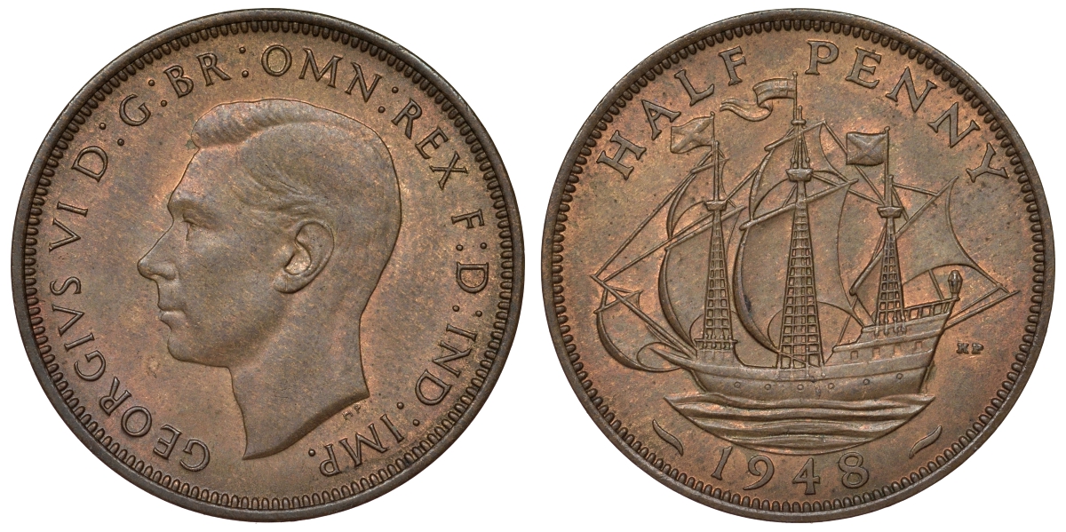 Великобритания 1/2 пенни 1948 Георг VI (1936-1952) KM 844, Spink 4115 бронза 4681-425