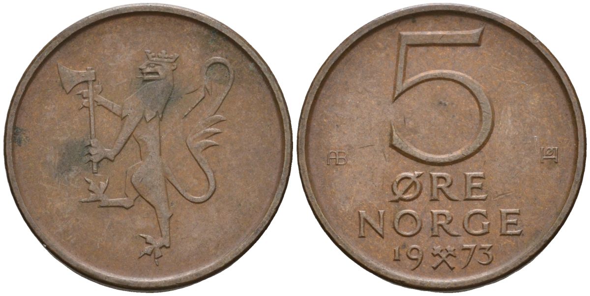 Норвегия 5 эре 1973 Улаф V (1958-1991) KM 415 бронза 4608-332